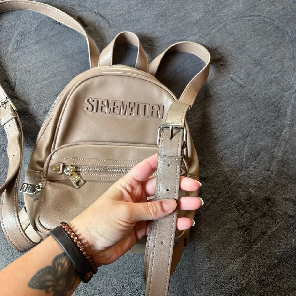 New Steve Madden Backpack Purse, Faux Leather, Silver Hardware, Taupe / Tan